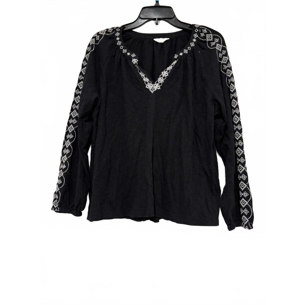 Women's sz M Lucky Brand peasant boho black embroidered blouse #1231